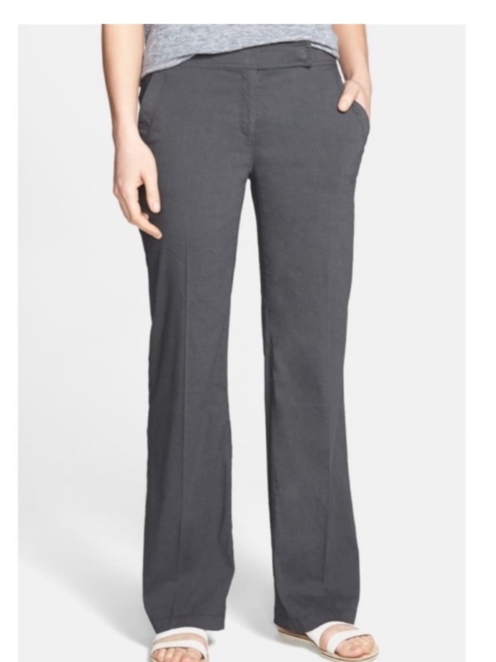 Eileen Fisher Linen Viscose Spandex Flat Front Mid Rise Pants in Dark Gray - 12P